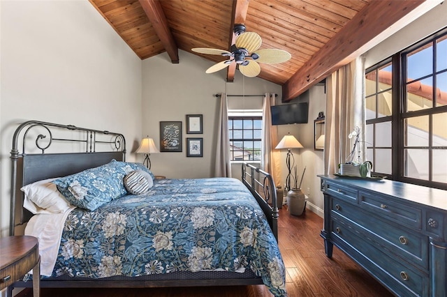 761 Marina Point Dr Unit 7610, Daytona Beach, FL 32114 - bedroom featuring baseboards, dark wood-type flooring, wood ceiling, and vaulted ceiling with beams