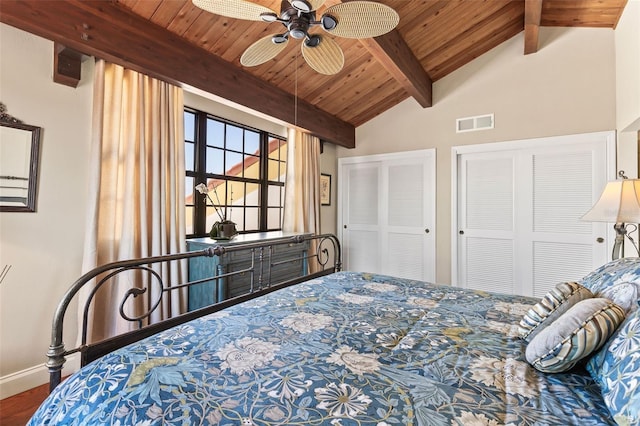 761 Marina Point Dr Unit 7610, Daytona Beach, FL 32114 - bedroom featuring ceiling fan, lofted ceiling with beams, visible vents, wooden ceiling, and baseboards