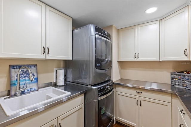 761 Marina Point Dr Unit 7610, Daytona Beach, FL 32114 - laundry room featuring stacked washing maching and dryer, a sink, cabinet space, and recessed lighting