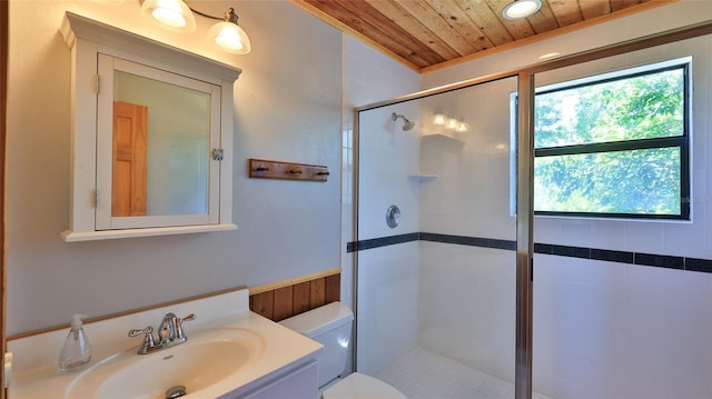 160 Rose Ave, Lake Helen, FL 32744 - bathroom with wood ceiling, a wealth of natural light, a shower stall, and toilet