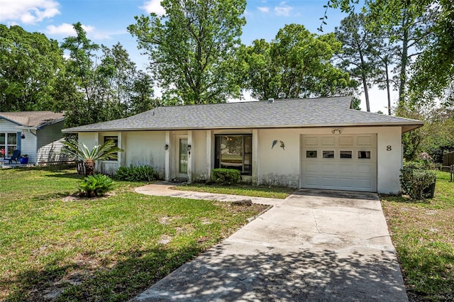 8 Faith Ln, Palm Coast, FL 32137 - ranch-style home featuring stucco siding, roof with shingles, a front yard, an attached garage, and concrete driveway