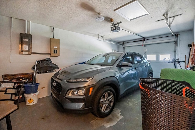 8 Faith Ln, Palm Coast, FL 32137 - garage featuring electric panel, a garage door opener, and concrete block wall