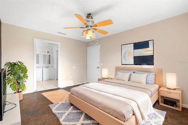 bedroom with baseboards, ensuite bath, a ceiling fan, and visible vents