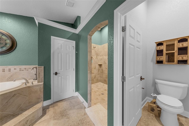 full bath featuring baseboards, ornamental molding, toilet, a walk in shower, and a garden tub