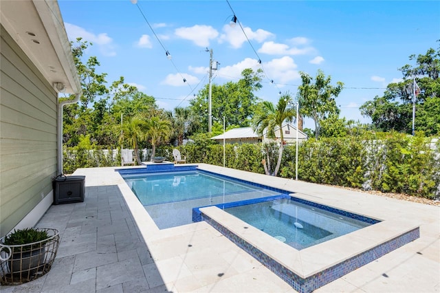 view of swimming pool with central AC, a patio area, a fenced backyard, an in ground hot tub, and a fenced in pool