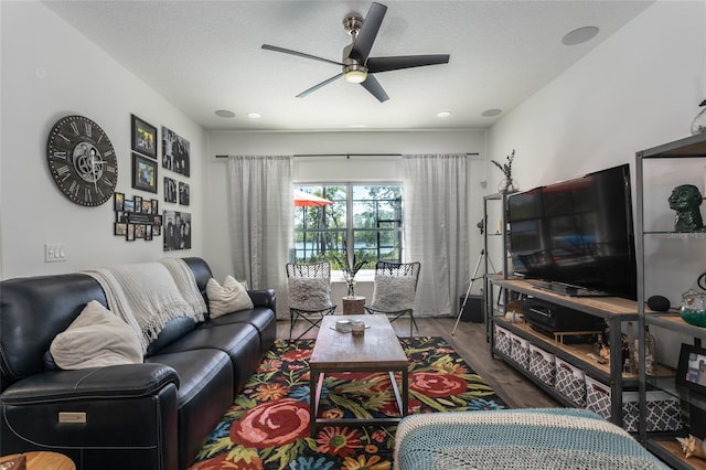 living room with a ceiling fan and wood finished floors