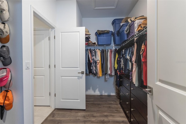spacious closet with attic access and wood finished floors