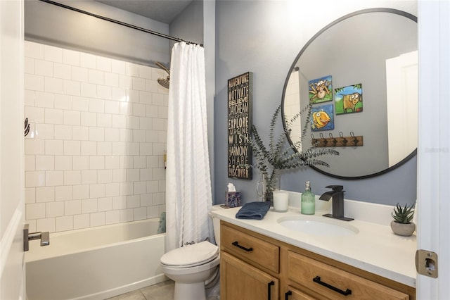bathroom with tile patterned floors, shower / bath combination with curtain, vanity, and toilet