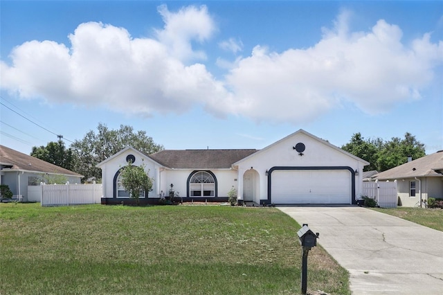 single story home with driveway, fence, a front lawn, an attached garage, and stucco siding