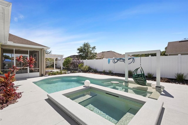 view of pool featuring a fenced in pool, a fenced backyard, a pergola, a sunroom, and an in ground hot tub