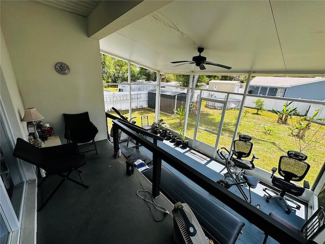 606 W Voorhis Ave, Deland, FL 32720 - exterior space with a storage shed, a ceiling fan, an outbuilding, and a fenced backyard