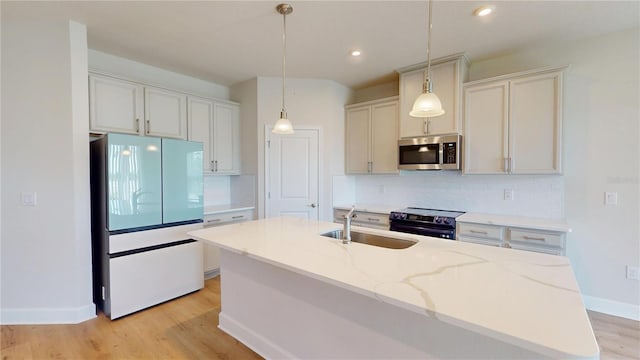 1002 Chelan Falls Dr, Deland, FL 32724 - kitchen with tasteful backsplash, light wood-type flooring, electric range oven, stainless steel microwave, and freestanding refrigerator