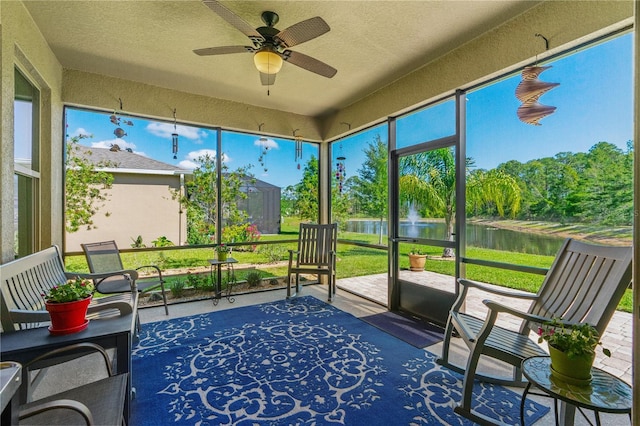 2901 Monaghan Dr, Ormond Beach, FL 32174 - sunroom with a ceiling fan and a water view