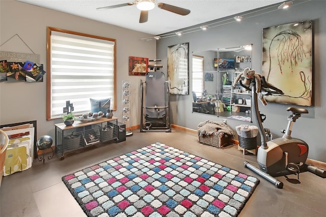interior space featuring a ceiling fan