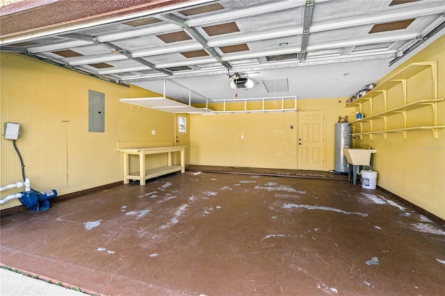 garage featuring electric water heater, baseboards, a garage door opener, and electric panel