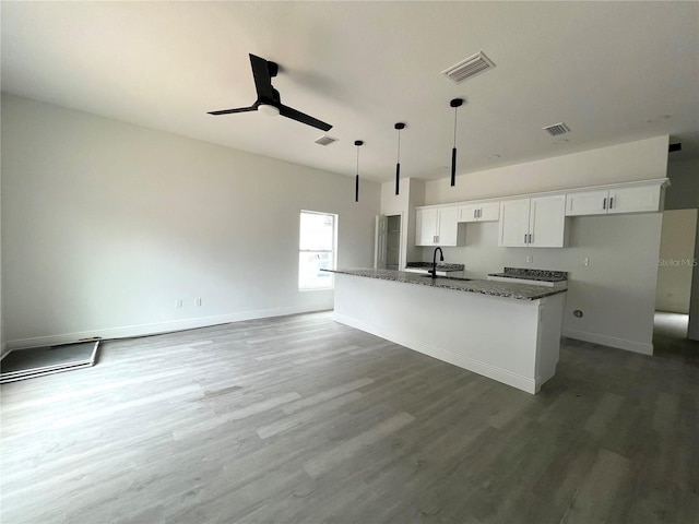 516 Model St, Daytona Beach, FL 32114 - kitchen with white cabinets, a ceiling fan, wood finished floors, and dark stone countertops