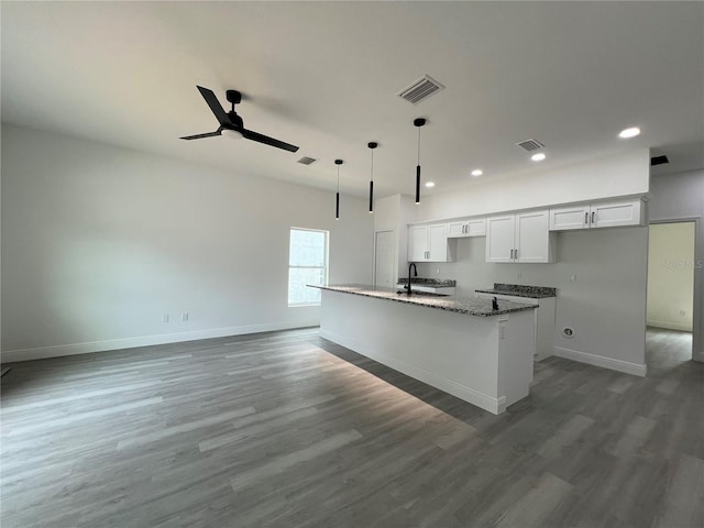 516 Model St, Daytona Beach, FL 32114 - kitchen featuring white cabinets, ceiling fan, stone countertops, wood finished floors, and recessed lighting