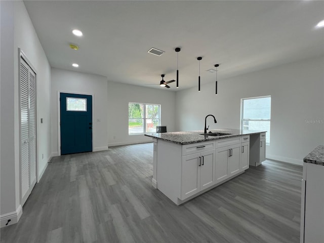 516 Model St, Daytona Beach, FL 32114 - kitchen featuring light wood-type flooring, ceiling fan, stone counters, and recessed lighting