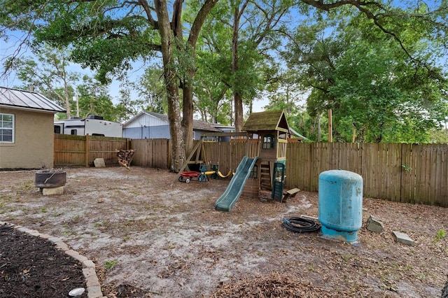 view of play area with a fenced backyard