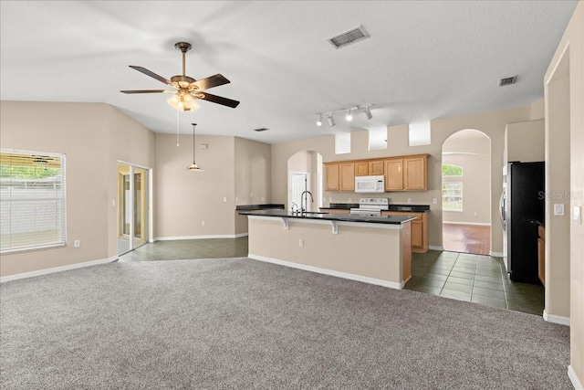 10 Zebrawood Ct, Palm Coast, FL 32164 - kitchen featuring visible vents, arched walkways, white microwave, and open floor plan