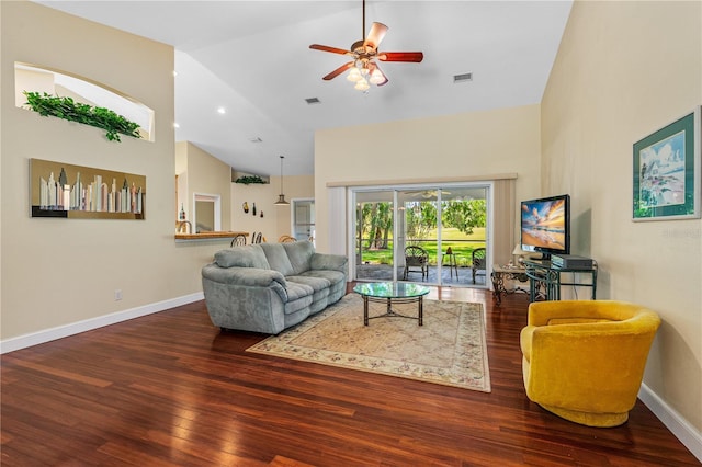 105 Riviera Estates Blvd, Ormond Beach, FL 32174 - living area featuring visible vents, baseboards, a ceiling fan, wood finished floors, and high vaulted ceiling