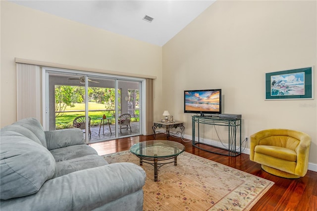 105 Riviera Estates Blvd, Ormond Beach, FL 32174 - living room featuring baseboards, wood finished floors, visible vents, and high vaulted ceiling
