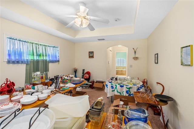 105 Riviera Estates Blvd, Ormond Beach, FL 32174 - interior space featuring arched walkways, a raised ceiling, visible vents, and ceiling fan