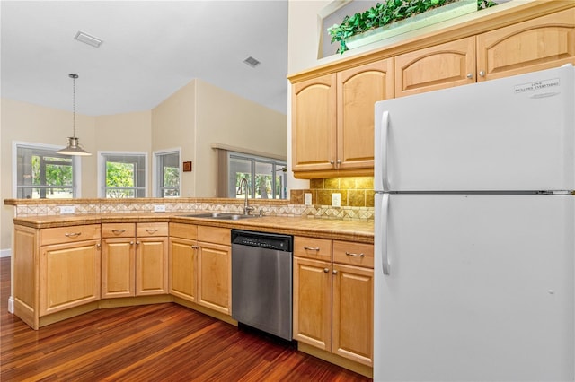 105 Riviera Estates Blvd, Ormond Beach, FL 32174 - kitchen with dark wood finished floors, freestanding refrigerator, dishwasher, and a sink