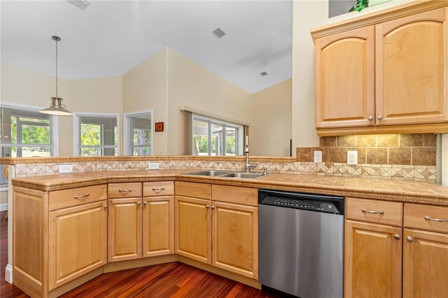 105 Riviera Estates Blvd, Ormond Beach, FL 32174 - kitchen featuring a sink, a wealth of natural light, dishwasher, light brown cabinets, and dark wood-type flooring
