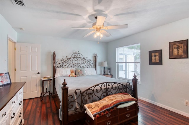 952 Northbrook Dr, Ormond Beach, FL 32174 - bedroom with baseboards, visible vents, ceiling fan, and dark wood finished floors