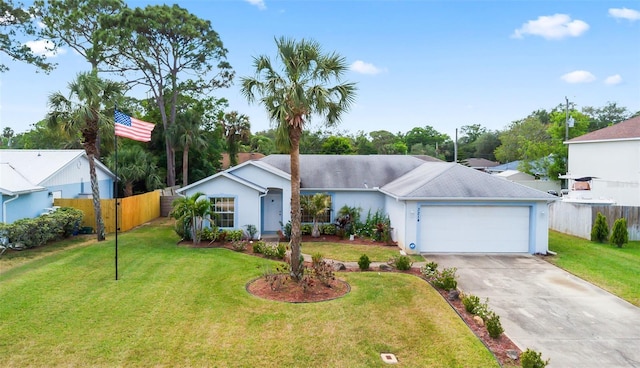 3214 Juniper Dr, Edgewater, FL 32141 - ranch-style house featuring fence, an attached garage, a front lawn, and driveway
