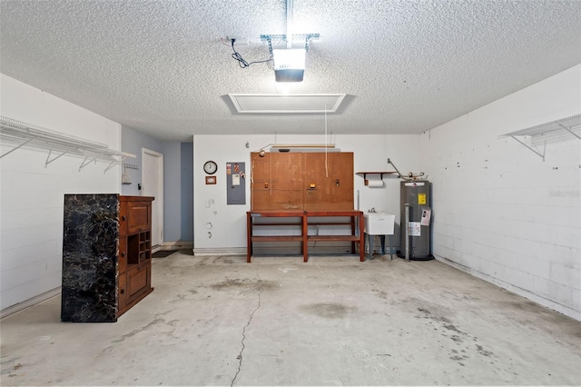 3214 Juniper Dr, Edgewater, FL 32141 - garage with electric panel, a sink, a garage door opener, water heater, and a workshop area