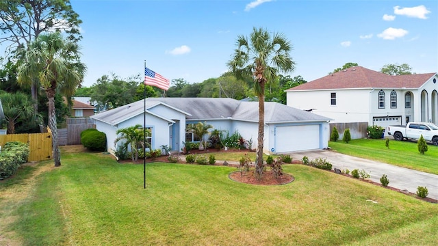 3214 Juniper Dr, Edgewater, FL 32141 - view of front of home featuring concrete driveway, a front lawn, an attached garage, fence, and stucco siding