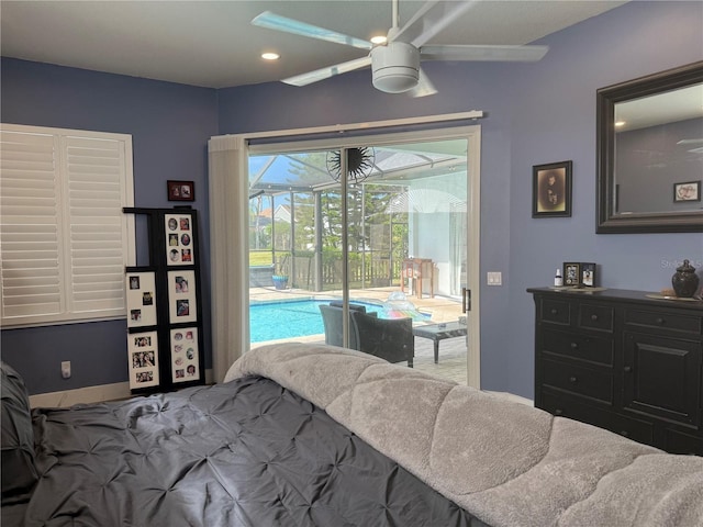 4749 Stoneview Cir, Oldsmar, FL 34677 - bedroom featuring access to outside, baseboards, a sunroom, recessed lighting, and a ceiling fan