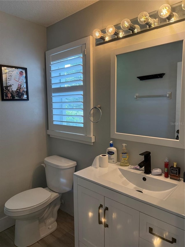 4749 Stoneview Cir, Oldsmar, FL 34677 - bathroom featuring toilet, vanity, wood finished floors, and a textured ceiling