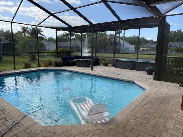 4749 Stoneview Cir, Oldsmar, FL 34677 - outdoor pool featuring an outdoor hangout area, a patio area, a lanai, and a residential view