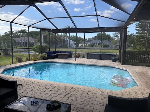 4749 Stoneview Cir, Oldsmar, FL 34677 - outdoor pool with an outdoor hangout area, a patio area, a lanai, a water view, and a residential view