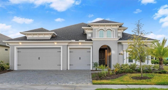 view of front of house featuring an attached garage, stucco siding, roof with shingles, and decorative driveway