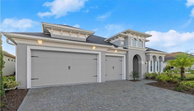view of front of house with stucco siding, decorative driveway, and a garage