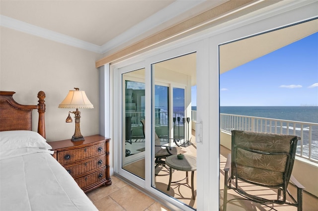 bedroom with a water view, crown molding, and access to exterior
