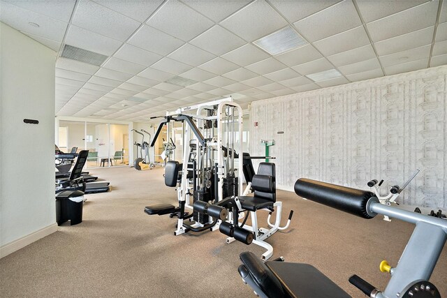 exercise room featuring baseboards, visible vents, carpet flooring, and a paneled ceiling