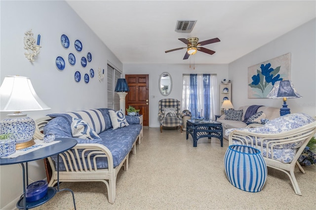 1148 Briarwood Ave, Deltona, FL 32725 - living room featuring speckled floor, a ceiling fan, and visible vents