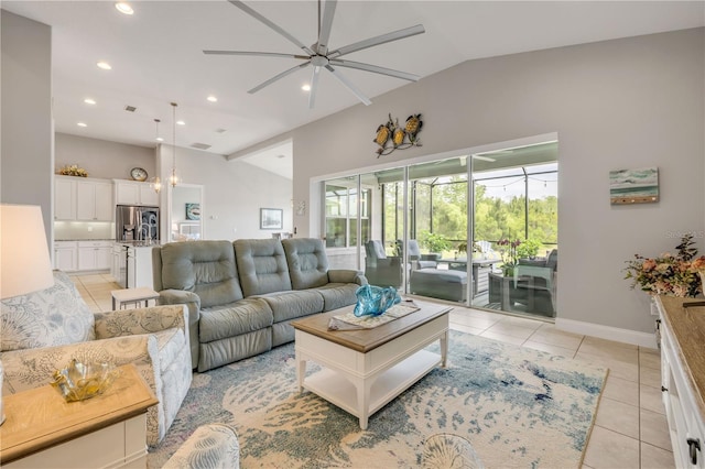 660 Mosaic Blvd, Daytona Beach, FL 32124 - living area with ceiling fan, light tile patterned floors, recessed lighting, baseboards, and high vaulted ceiling