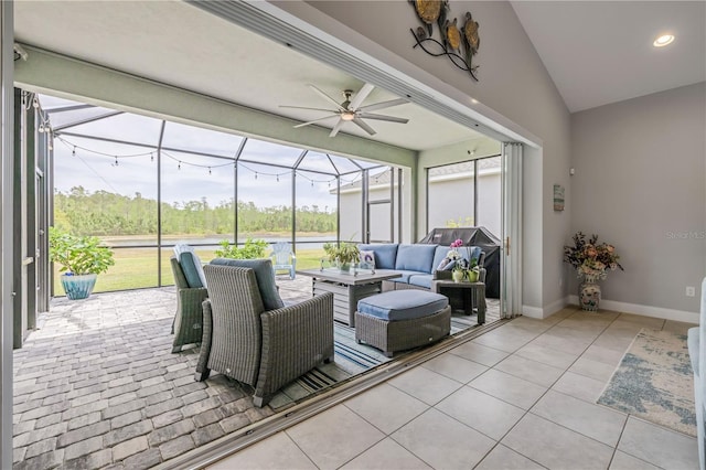 660 Mosaic Blvd, Daytona Beach, FL 32124 - sunroom with ceiling fan, outdoor lounge area, and lofted ceiling
