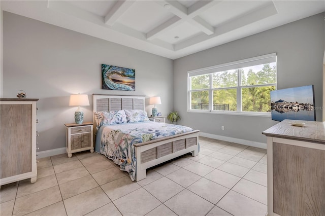 660 Mosaic Blvd, Daytona Beach, FL 32124 - bedroom with coffered ceiling, baseboards, beamed ceiling, and light tile patterned floors