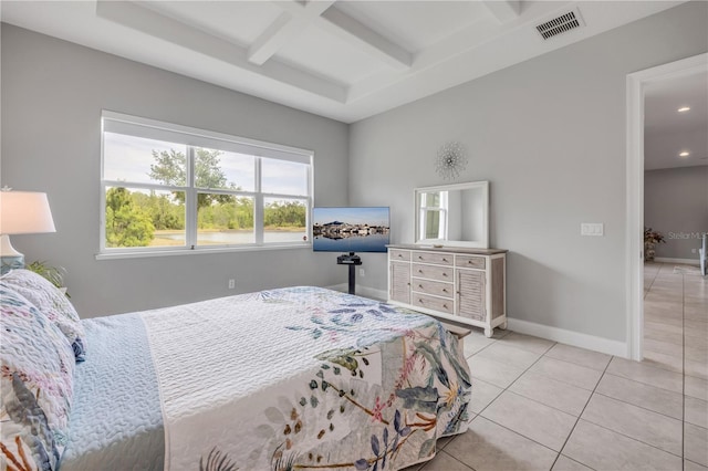 660 Mosaic Blvd, Daytona Beach, FL 32124 - bedroom with coffered ceiling, light tile patterned floors, beam ceiling, baseboards, and recessed lighting