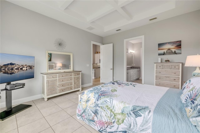 660 Mosaic Blvd, Daytona Beach, FL 32124 - bedroom featuring coffered ceiling, light tile patterned floors, baseboards, beamed ceiling, and ensuite bathroom