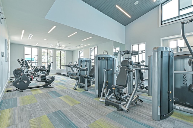 660 Mosaic Blvd, Daytona Beach, FL 32124 - exercise room with carpet flooring, a towering ceiling, baseboards, and a ceiling fan