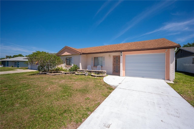 ranch-style house featuring driveway, a front lawn, and a garage