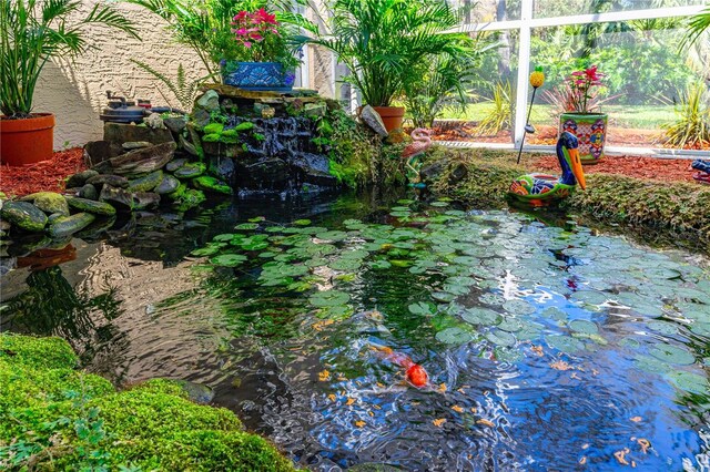view of yard featuring a small pond